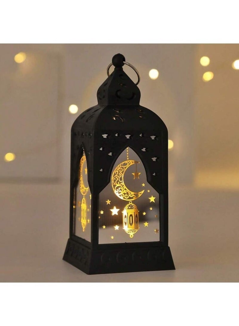 Black Decorative LED Lantern  – Crescent & Star Cut-Out Design – Warm Ambient Table Light – Metal Frame Accent Lamp - Image 1